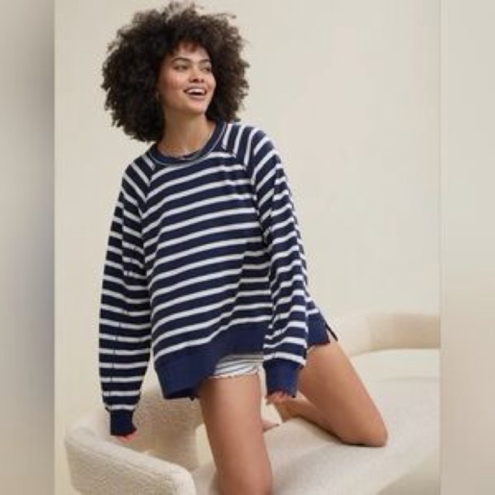 Aerie Navy and White Striped Crew Neck Sweater